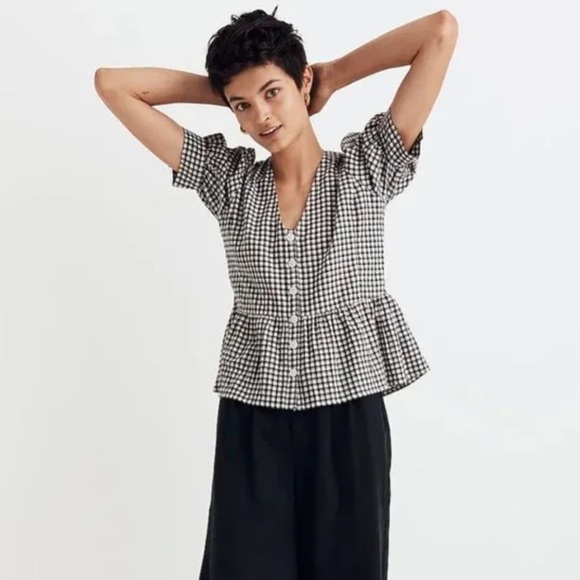 NWOT Madewell Brushed Gauze Puff Sleeve Peplum Top in Gingham Check Size Small - Picture 2 of 6